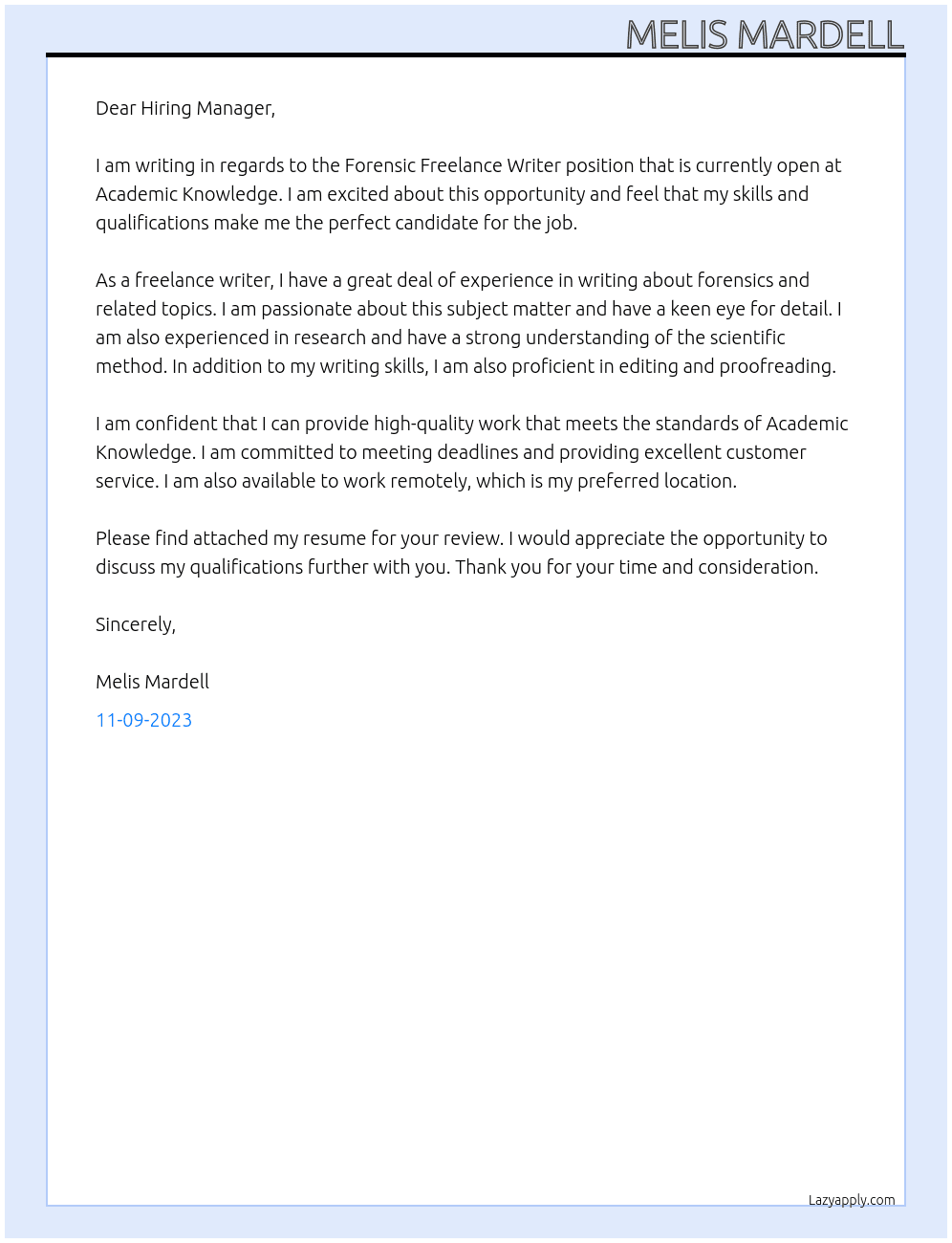 Forensic Freelance Writer At Academic Knowledge Cover Letter
