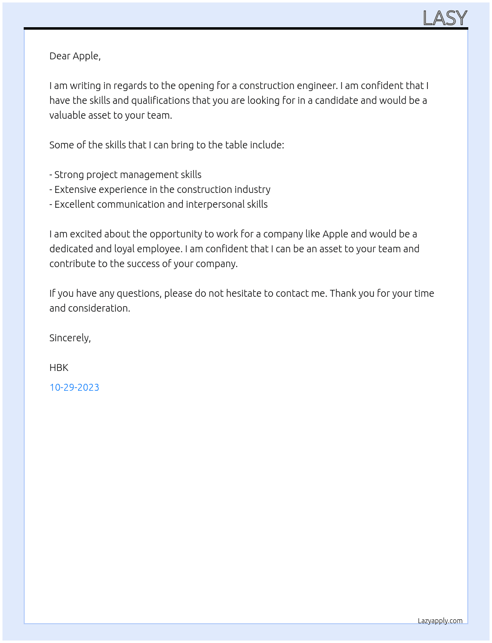 construction engineer  At APPLE Cover Letter