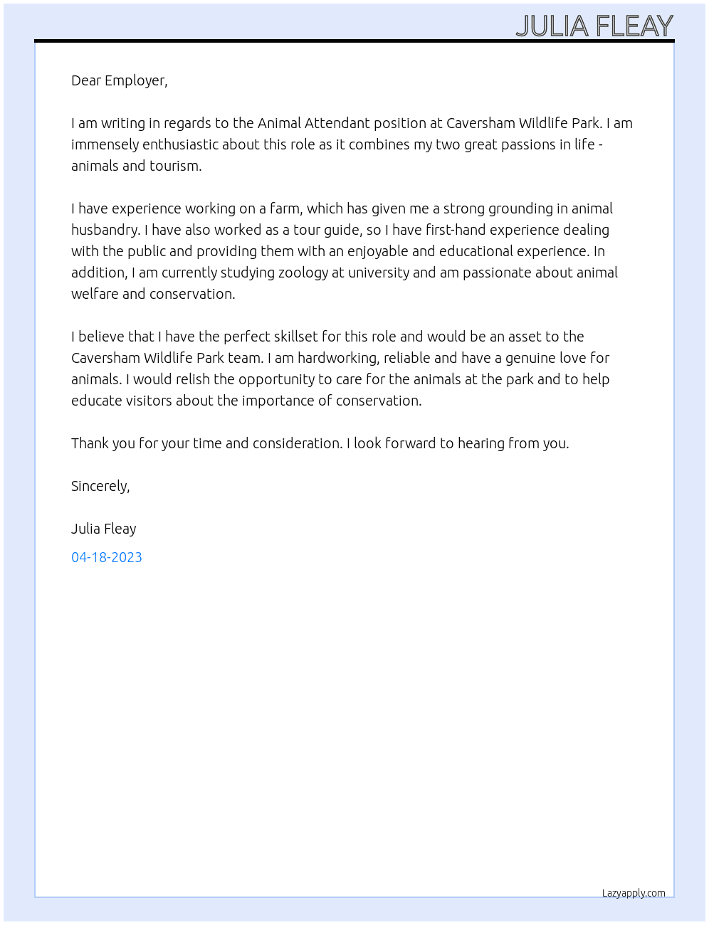 Animal Attendant At Caversham Wildlife Park Cover Letter