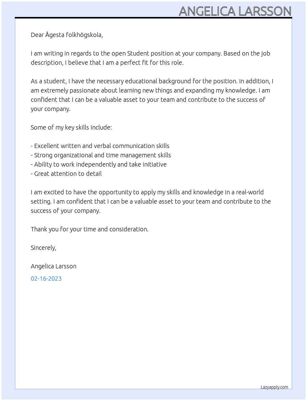 Student At Ågesta folkhögskola Cover Letter