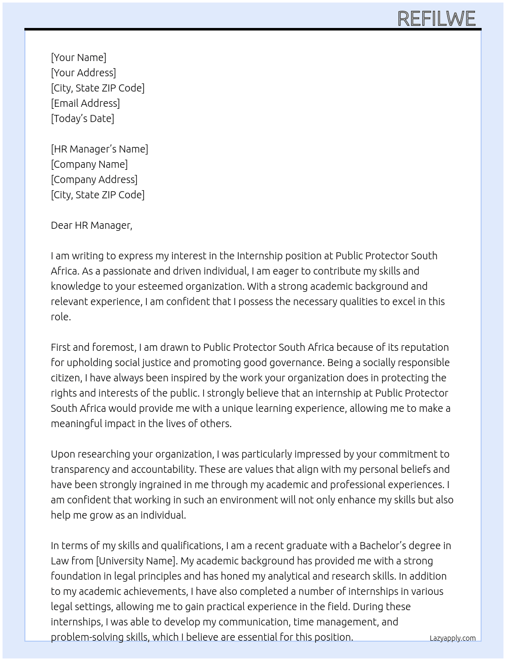 INTERNSHIP  At PUBLIC PROTECTOR SOUTH AFRICA Cover Letter
