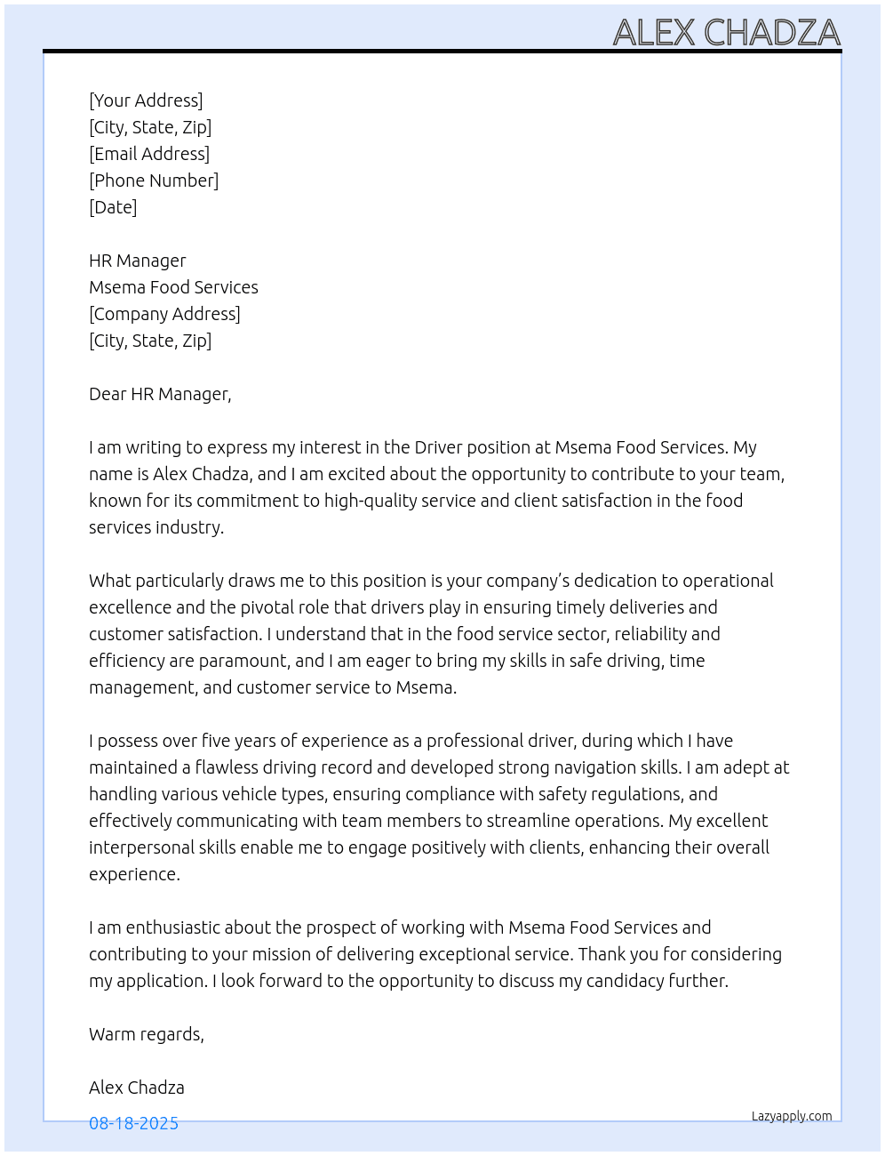 Driver  At Msema food services Cover Letter
