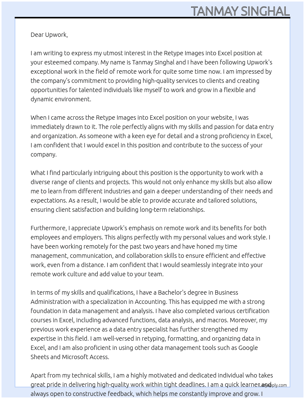 Retype Images into Excel At Up work  Cover Letter