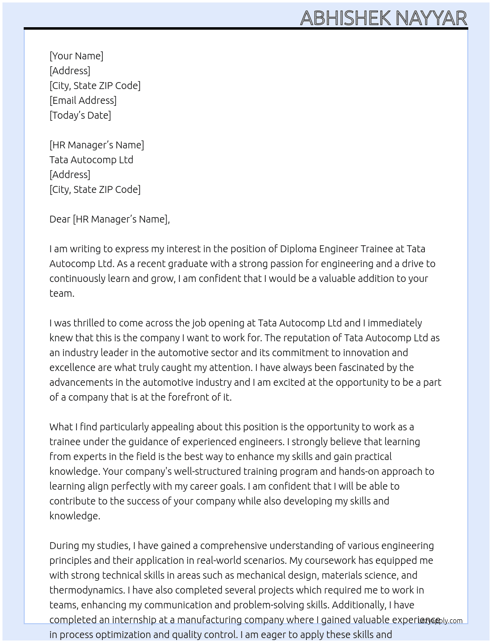 Diploma engineer trainee  At Tata autocomp ltd Cover Letter