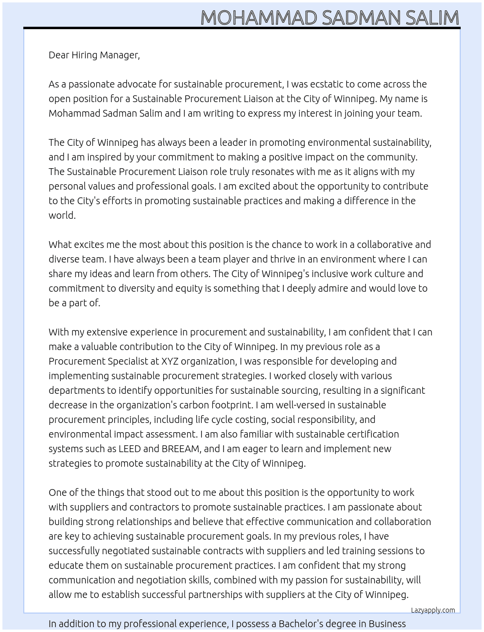Sustainable Procurement Liaison At City of Winnipeg  Cover Letter