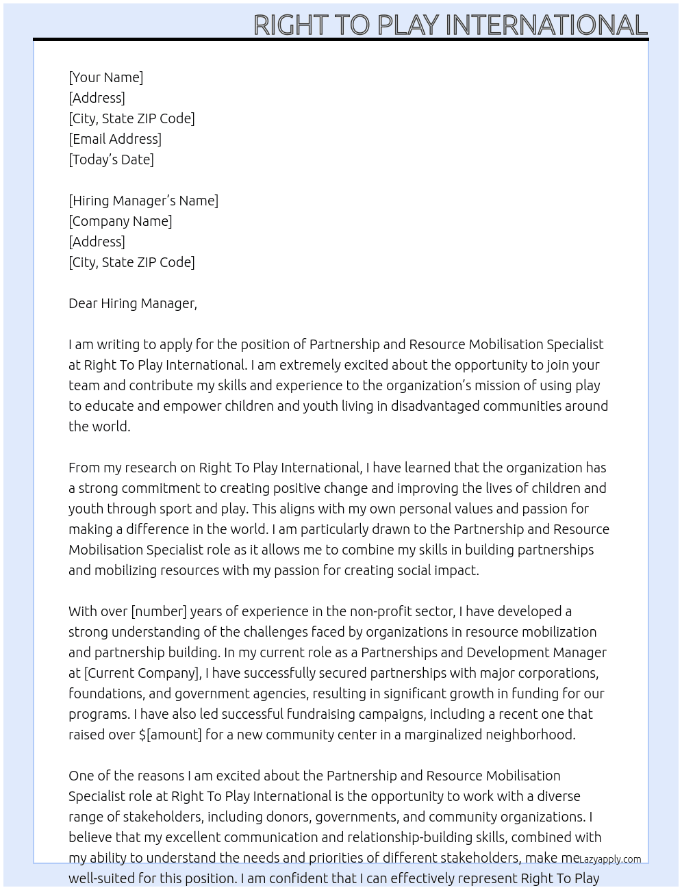 Partnership and Resource Mobilisation Specialist At Right To Play International Cover Letter