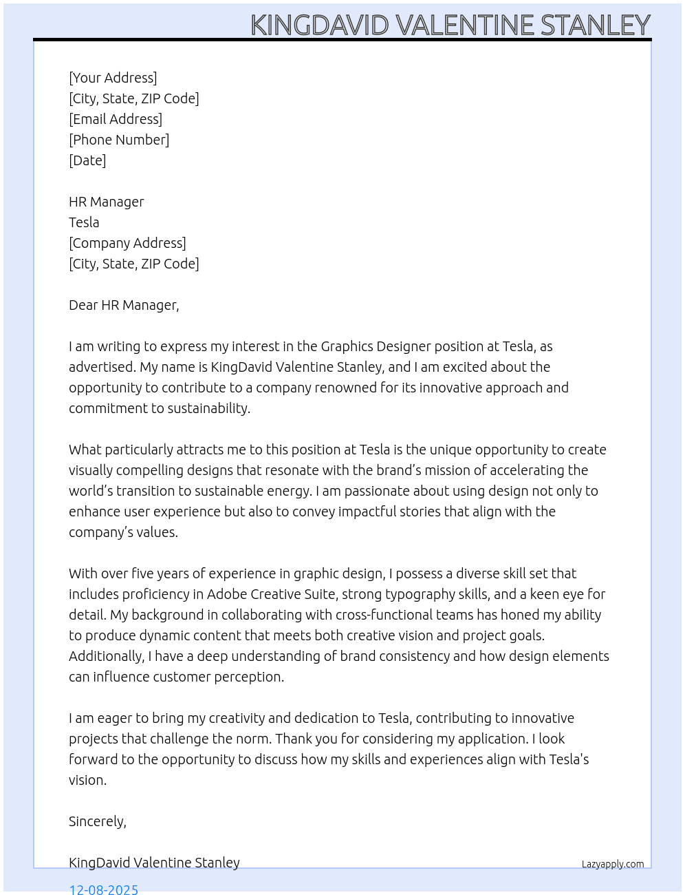 Graphics Designer  At Tesla Cover Letter