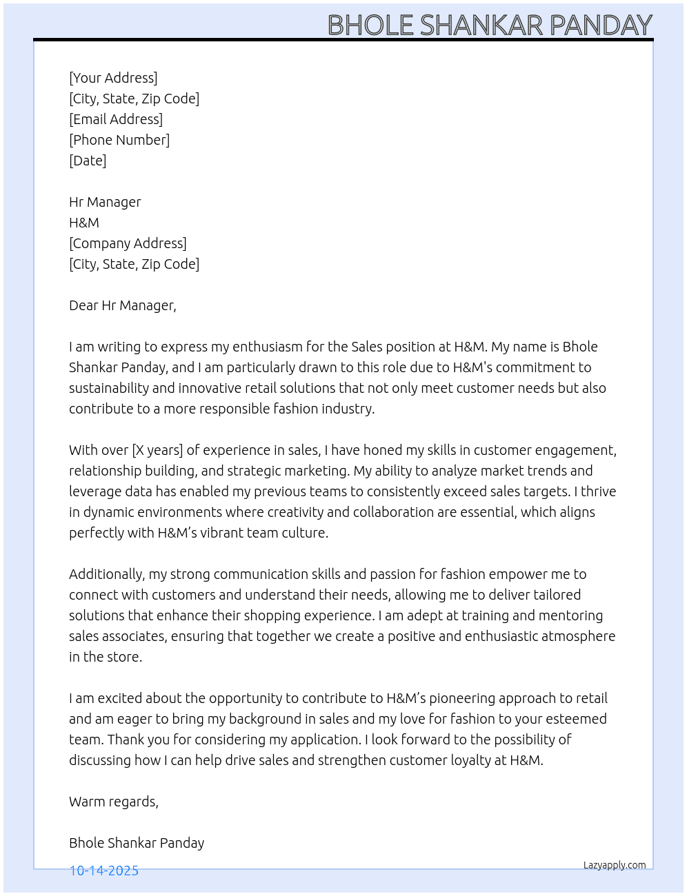 Sales  At H&m Cover Letter