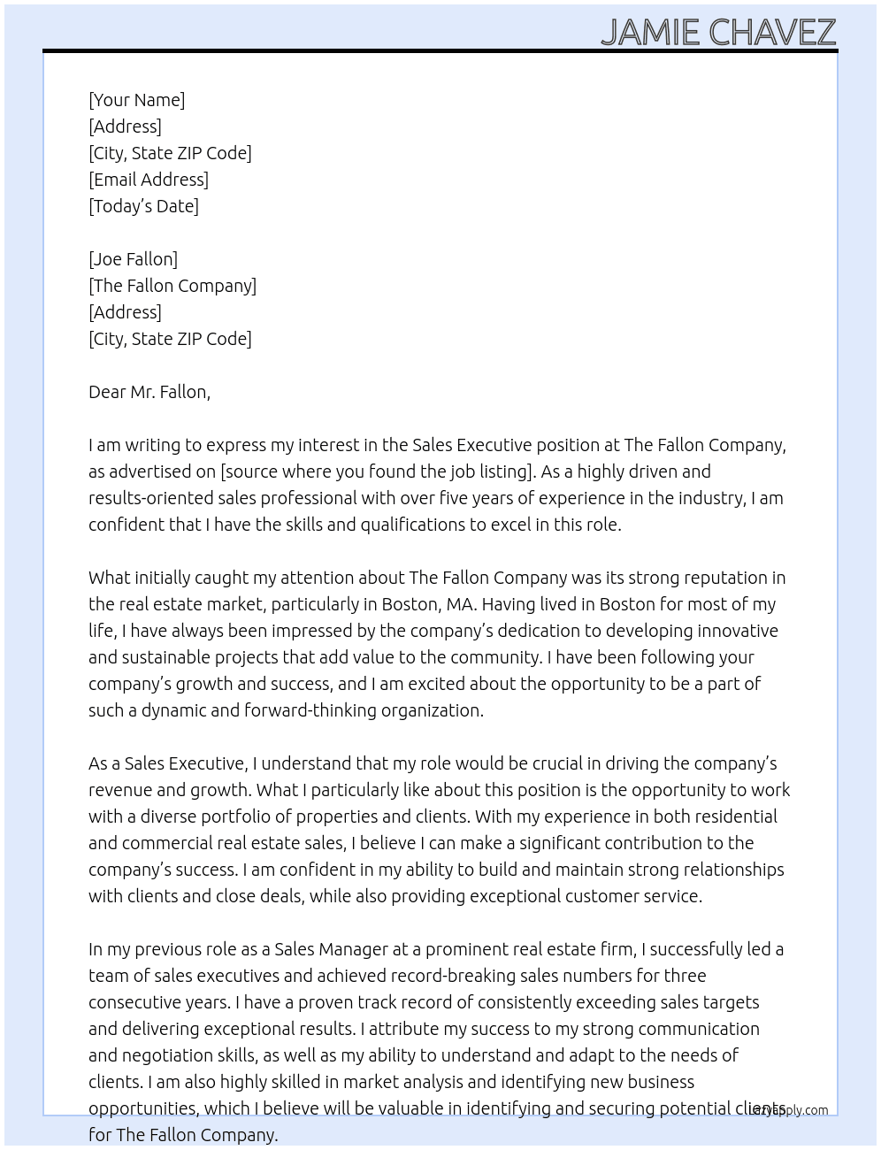 Sales Executive At The Fallon Company Cover Letter