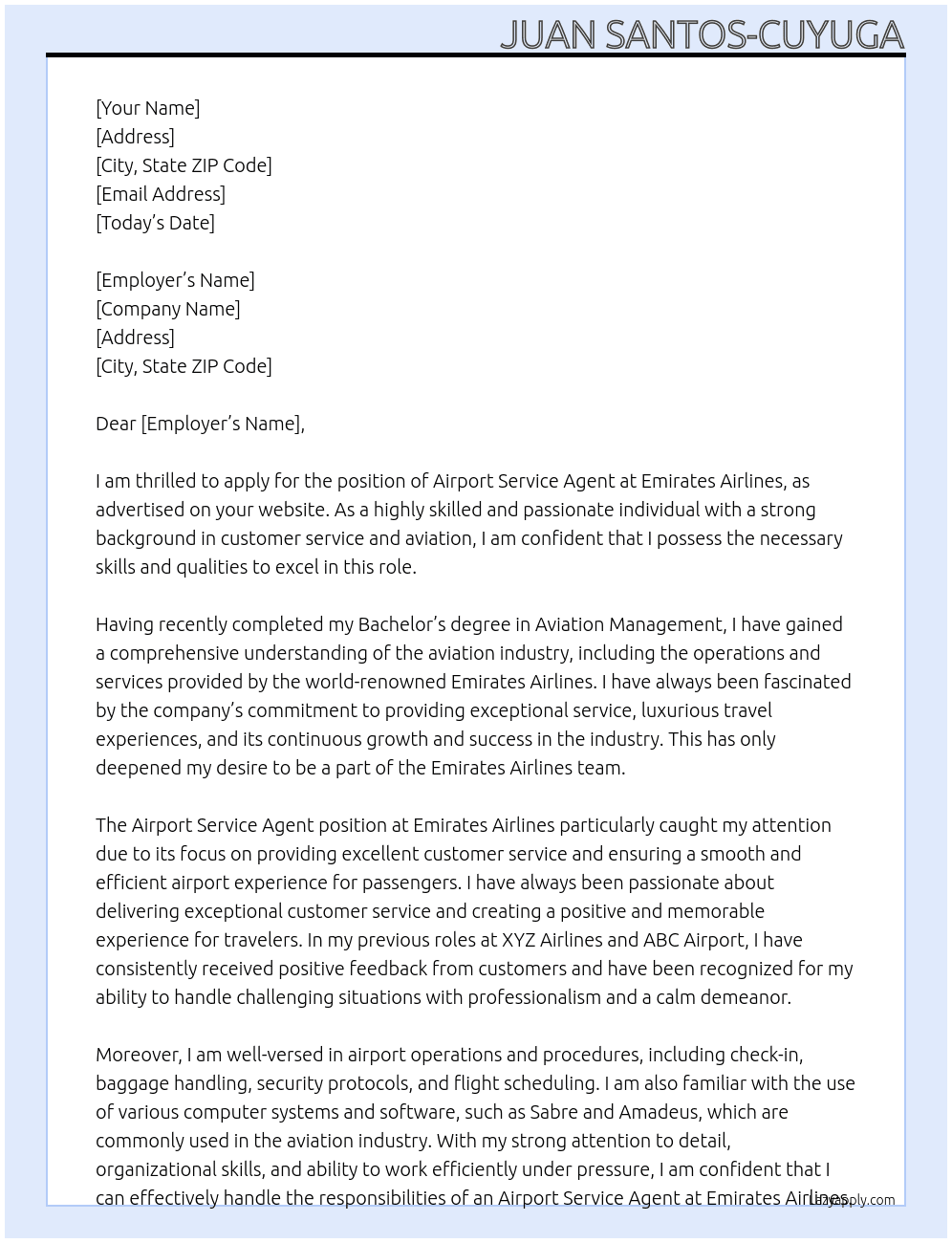 Airport Service Agent At Emirates Airlines Cover Letter