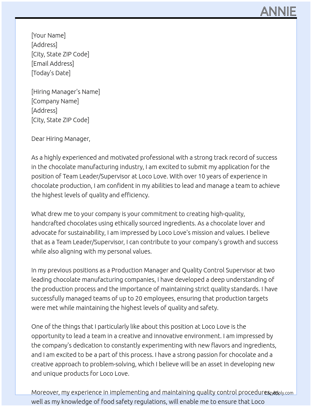 Team Leader / Supervisor Chocolate Manufacturing At Loco Love Cover Letter