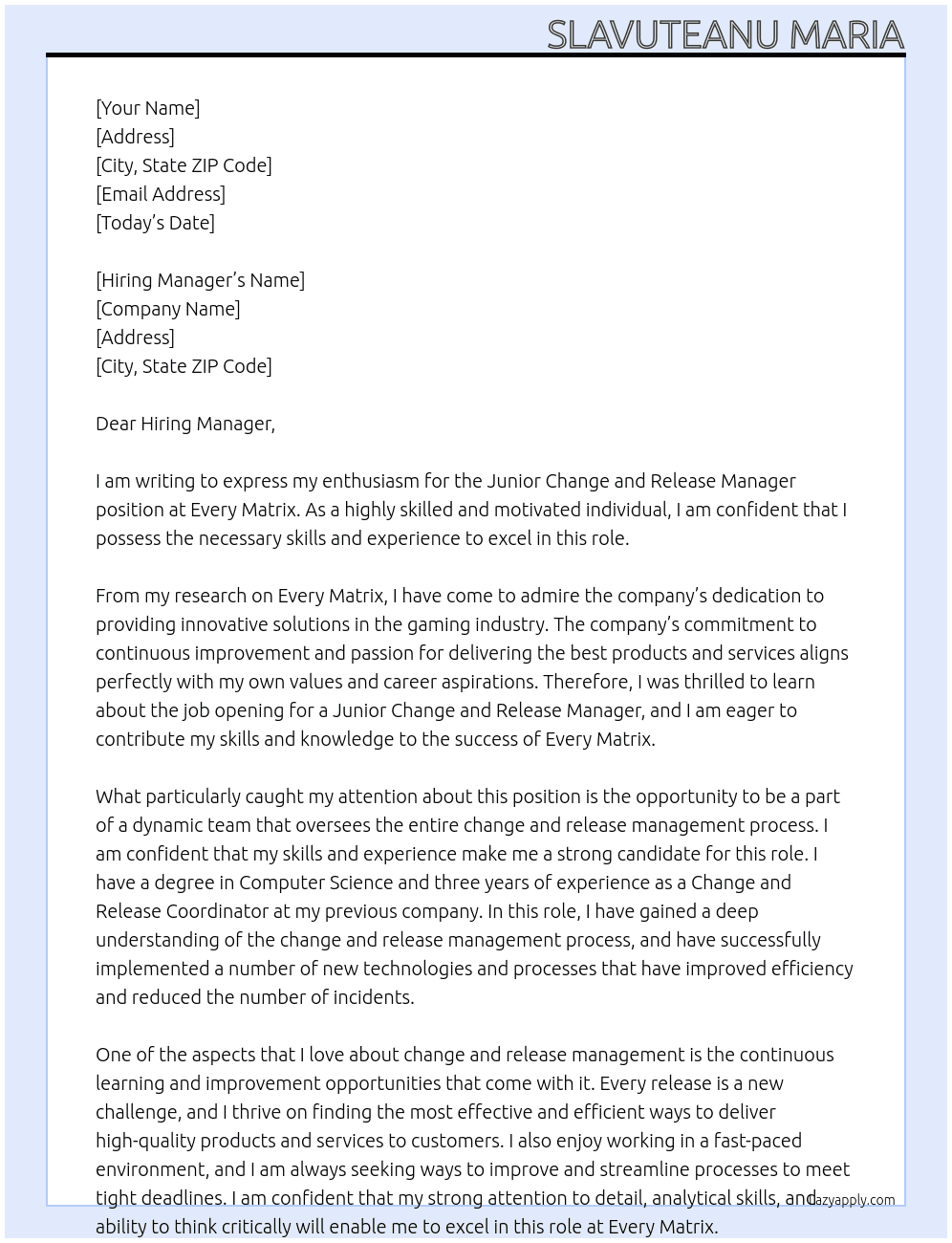 Junior Change and Release Manager At Every Matrix Cover Letter