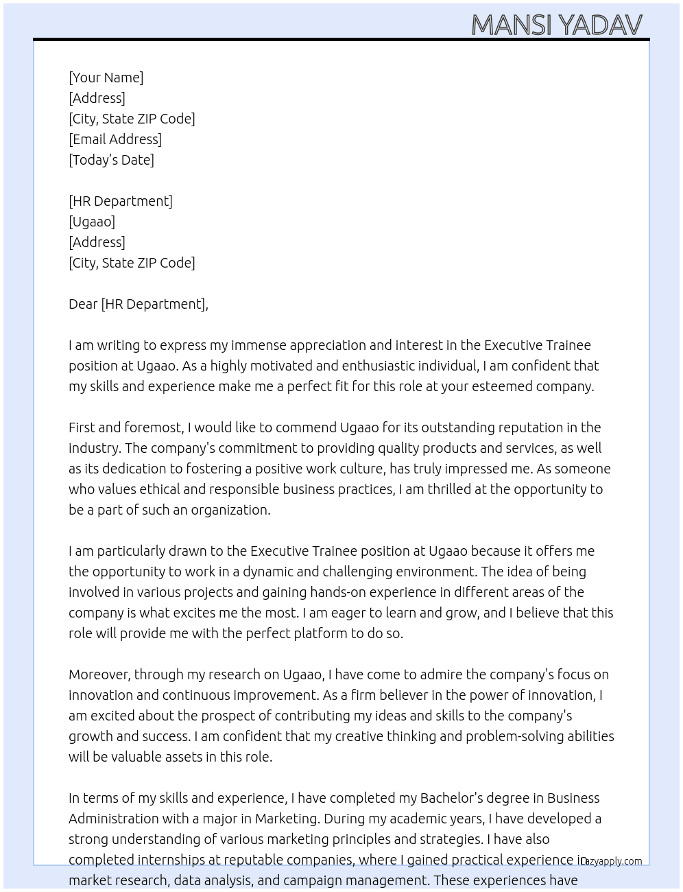 Executive trainee  At Ugaao Cover Letter