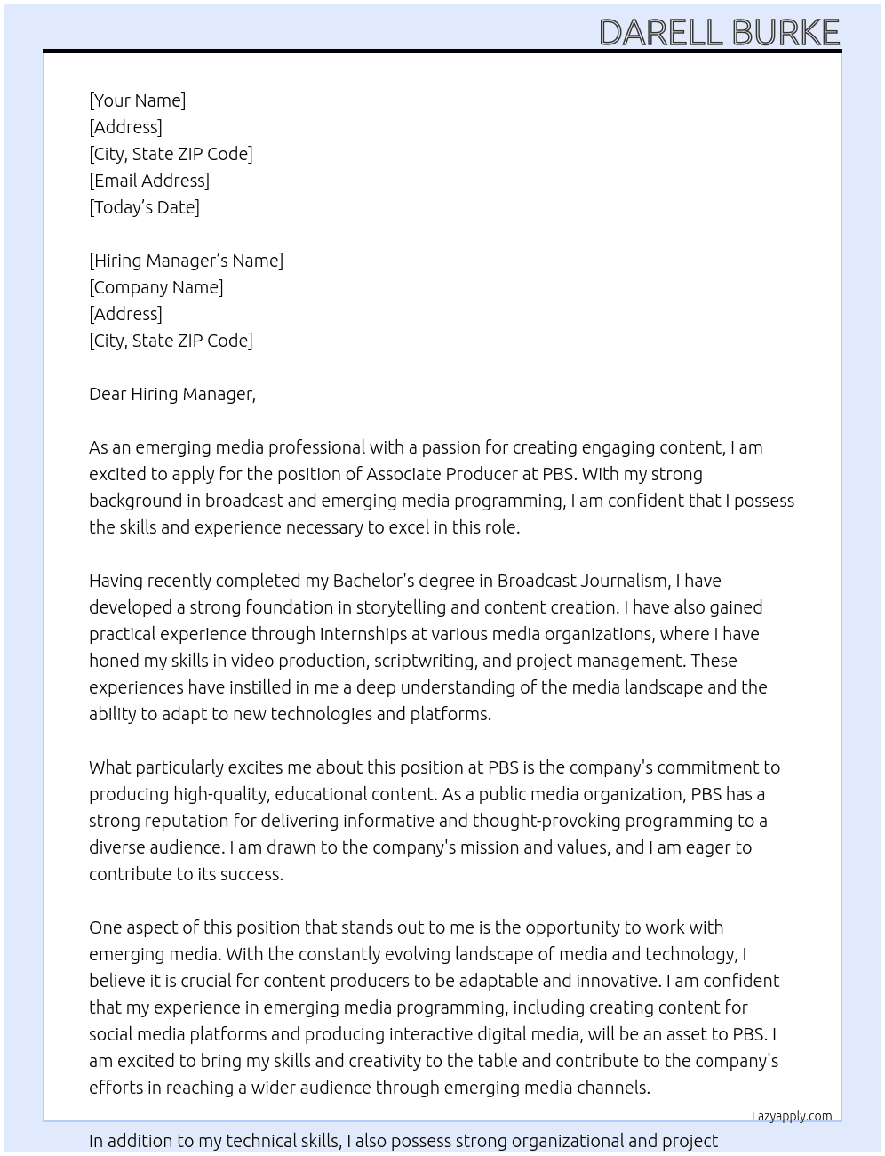 Associate Producer At PBS Cover Letter