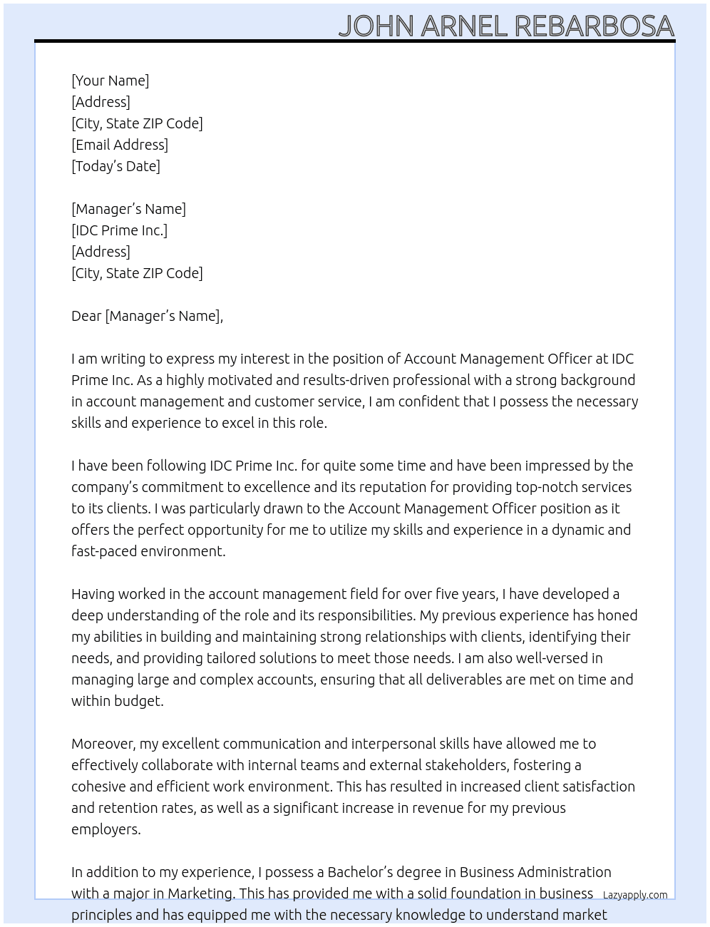Account Management Officer At IDC Prime Inc. Cover Letter