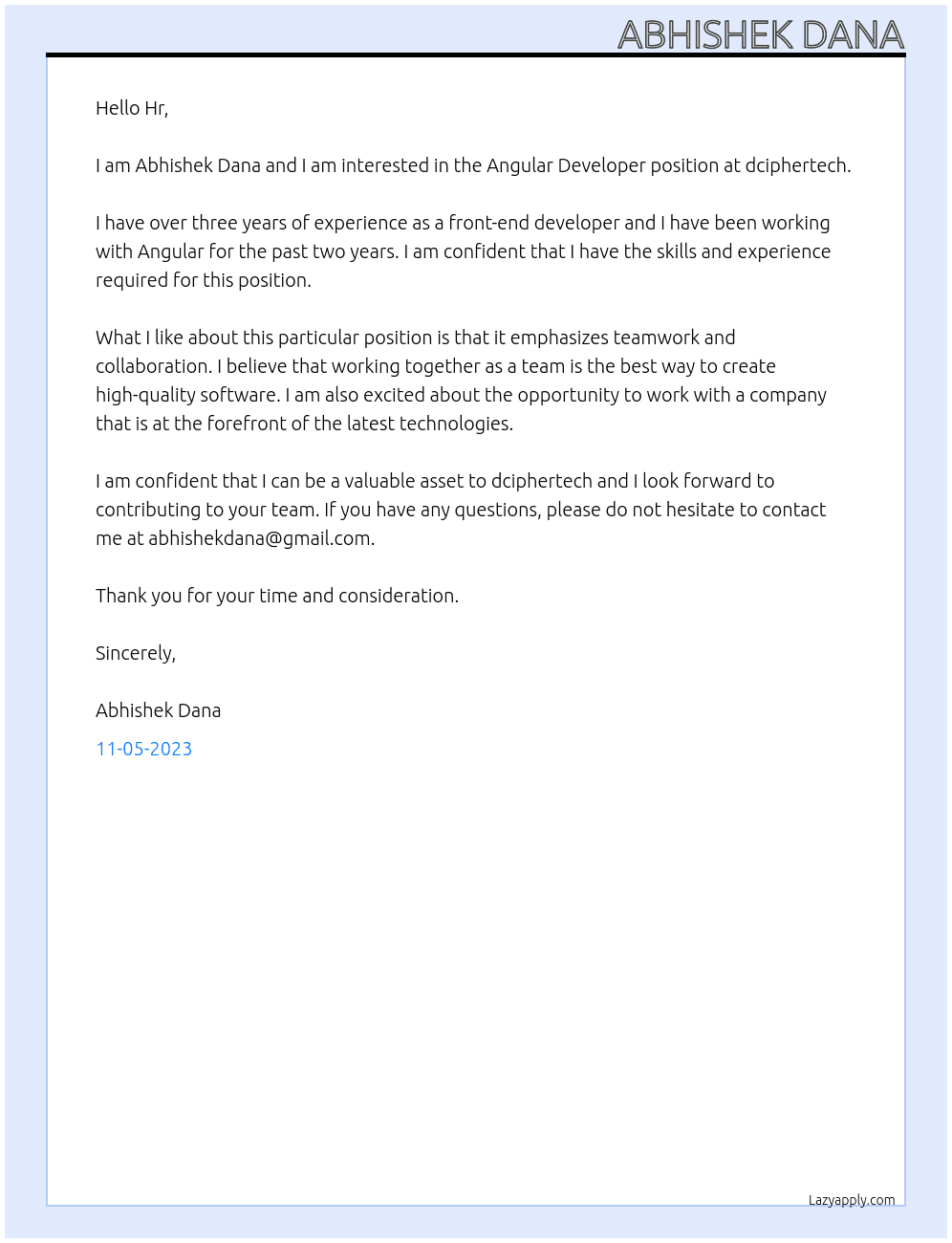 Angular Developer At dciphertech Cover Letter