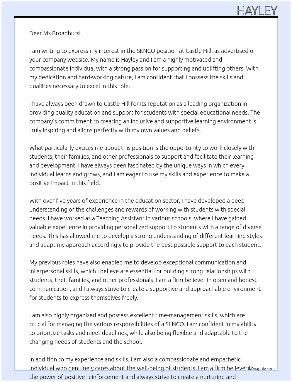 SENCO At Castle Hill Cover Letter