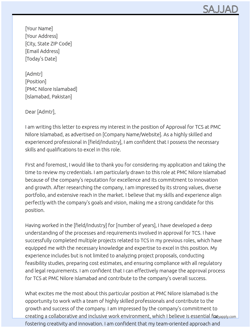 approval for tcs At pmc nilore islamabad Cover Letter
