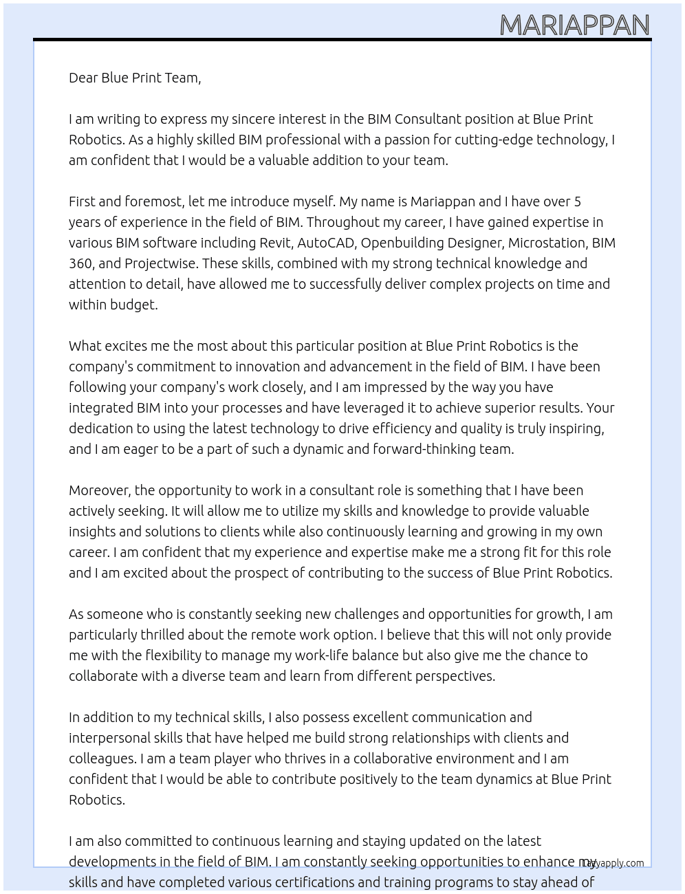 BIM Consultant At Blue Print Robotics Cover Letter