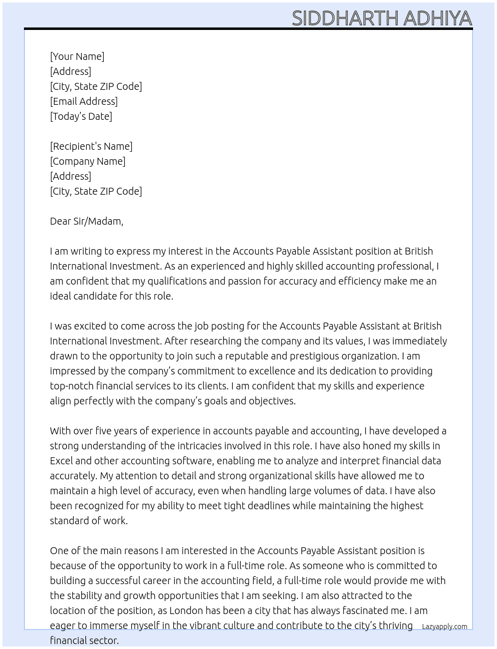 Accounts Payable Assistant At British International Investment Cover Letter