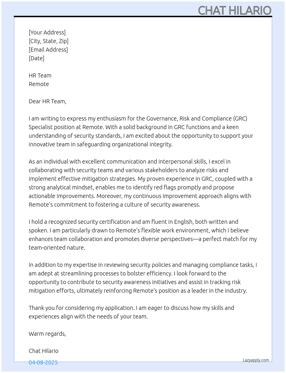 Governance, Risk and Compliance (GRC) Specialist At Remote Cover Letter