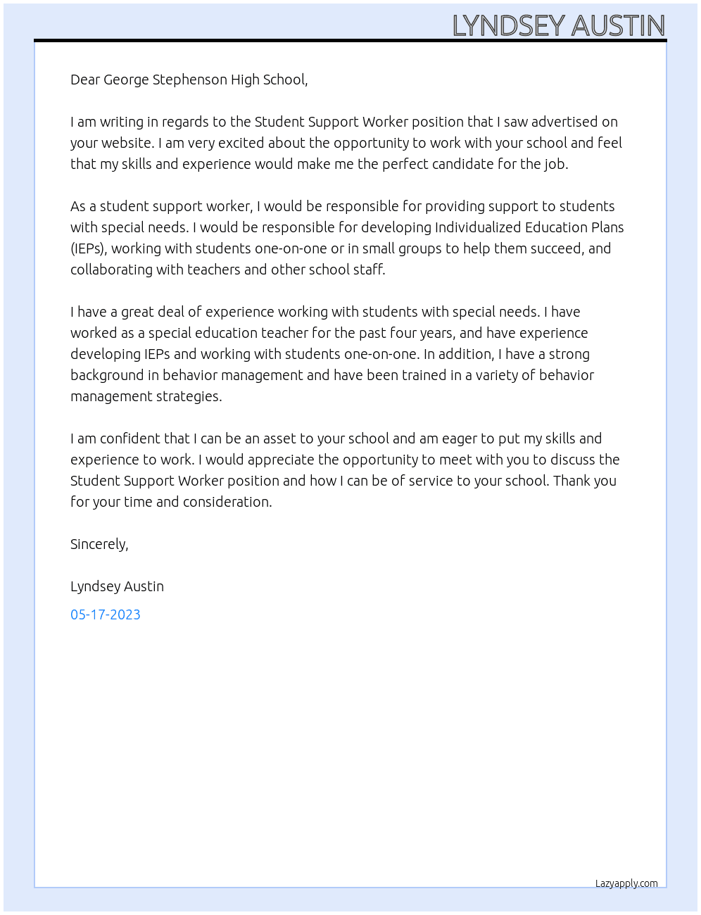 STUDENT SUPPORT WORKER At GEORGE STEPHENSON HIGH SCHOOL Cover Letter
