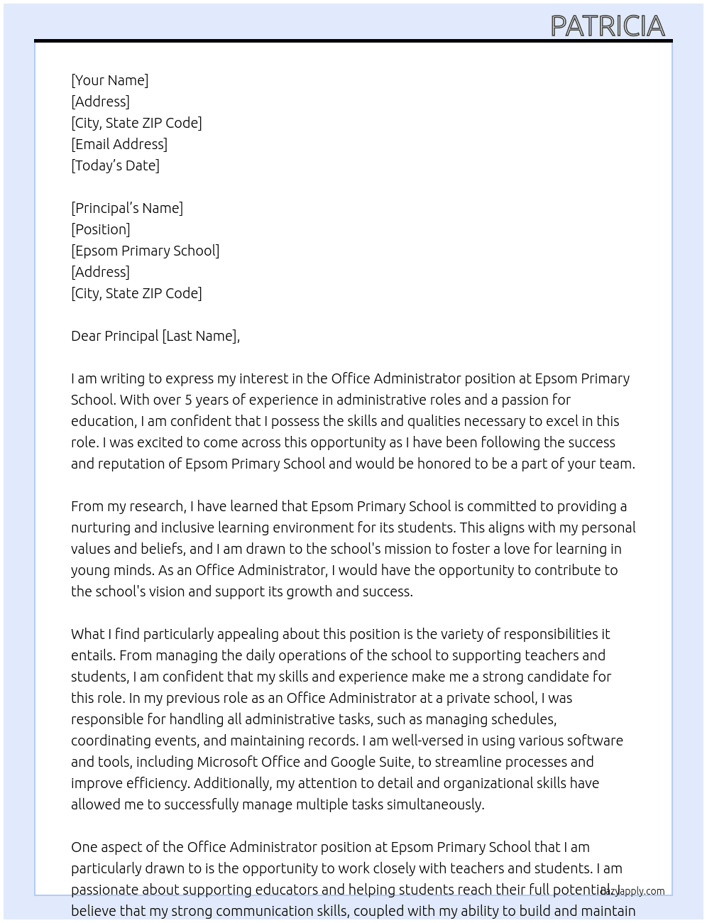 office administrator  At epsom primary school Cover Letter