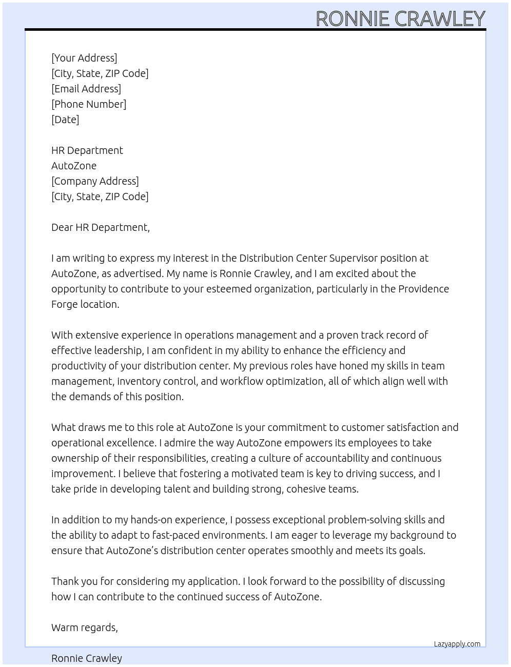 Distribution Center Supervisor At Auto Zone Cover Letter