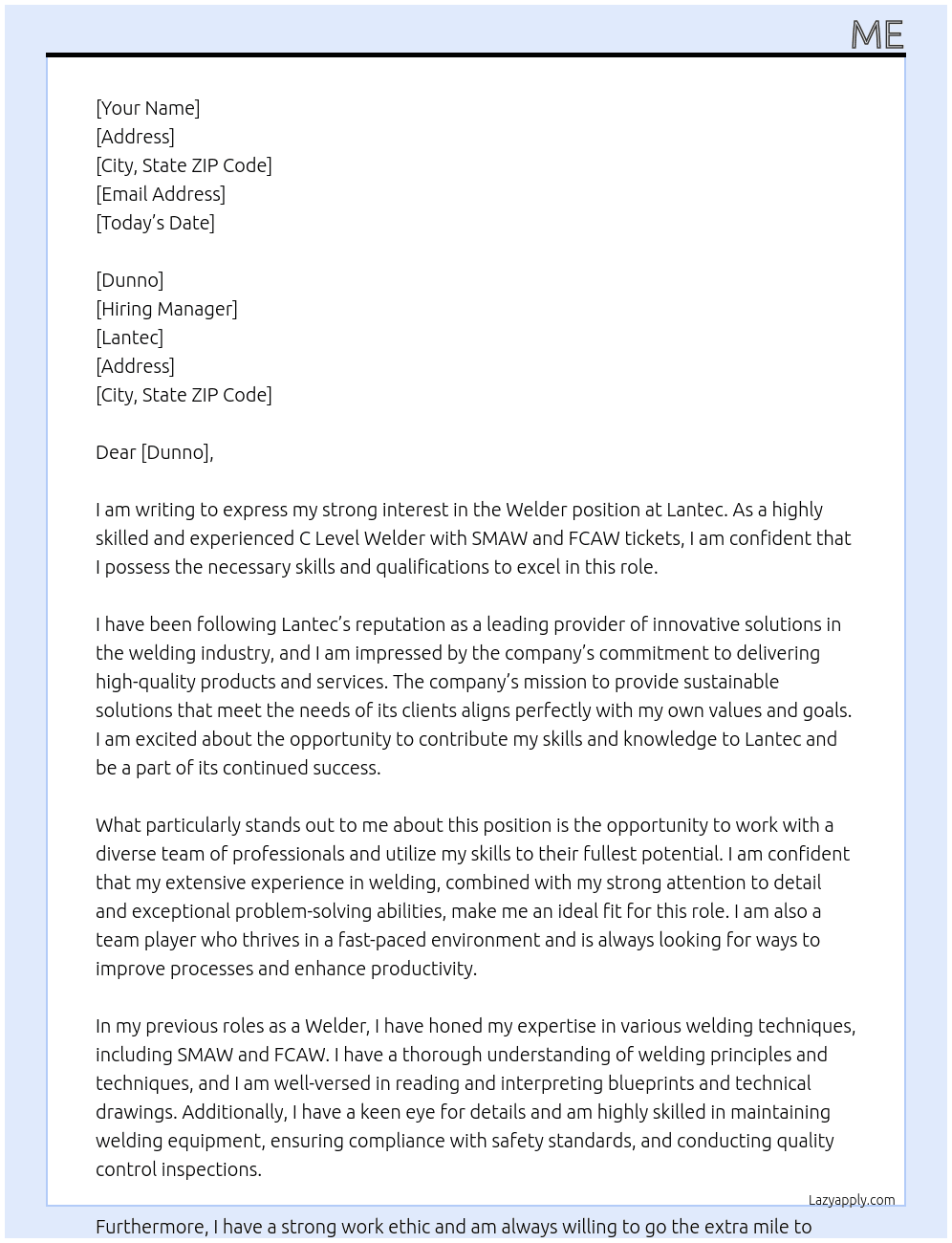 Welder At lantec Cover Letter