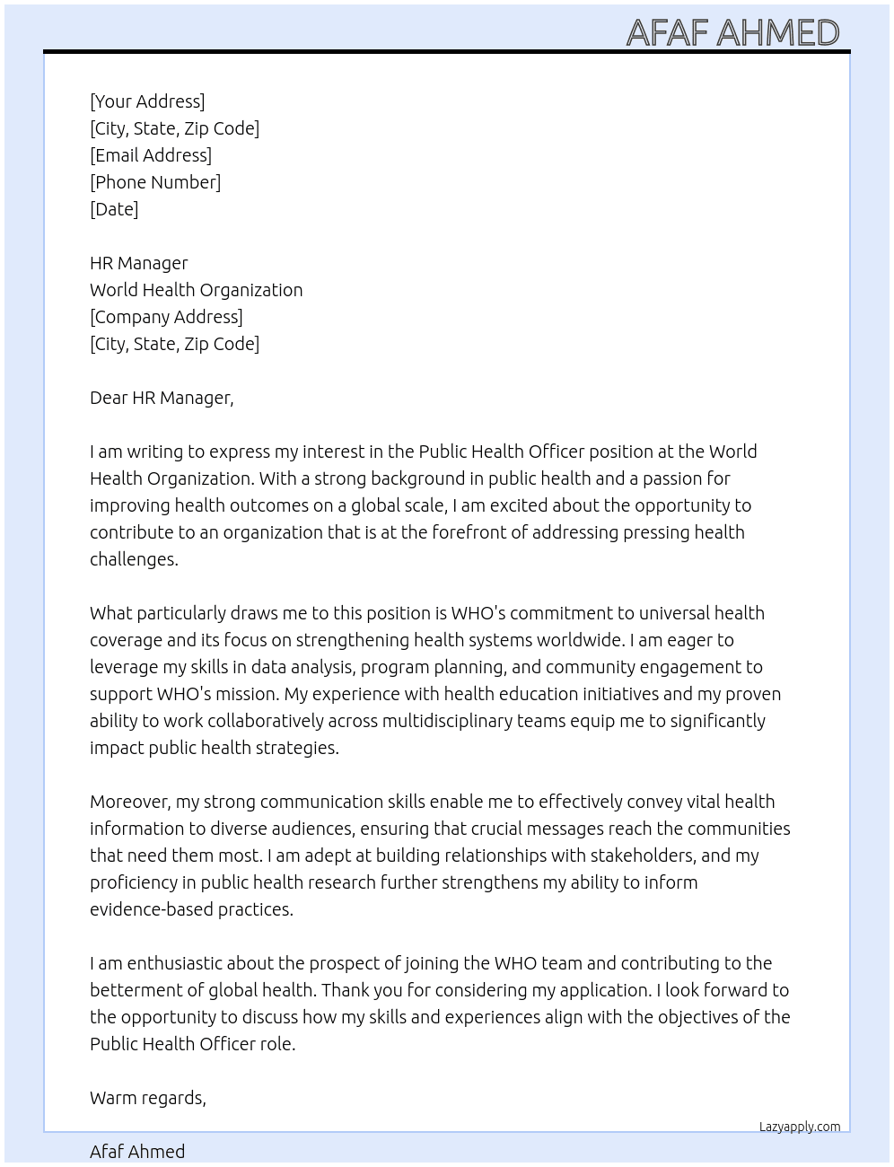 Cover letter for public health officer - LazyApply