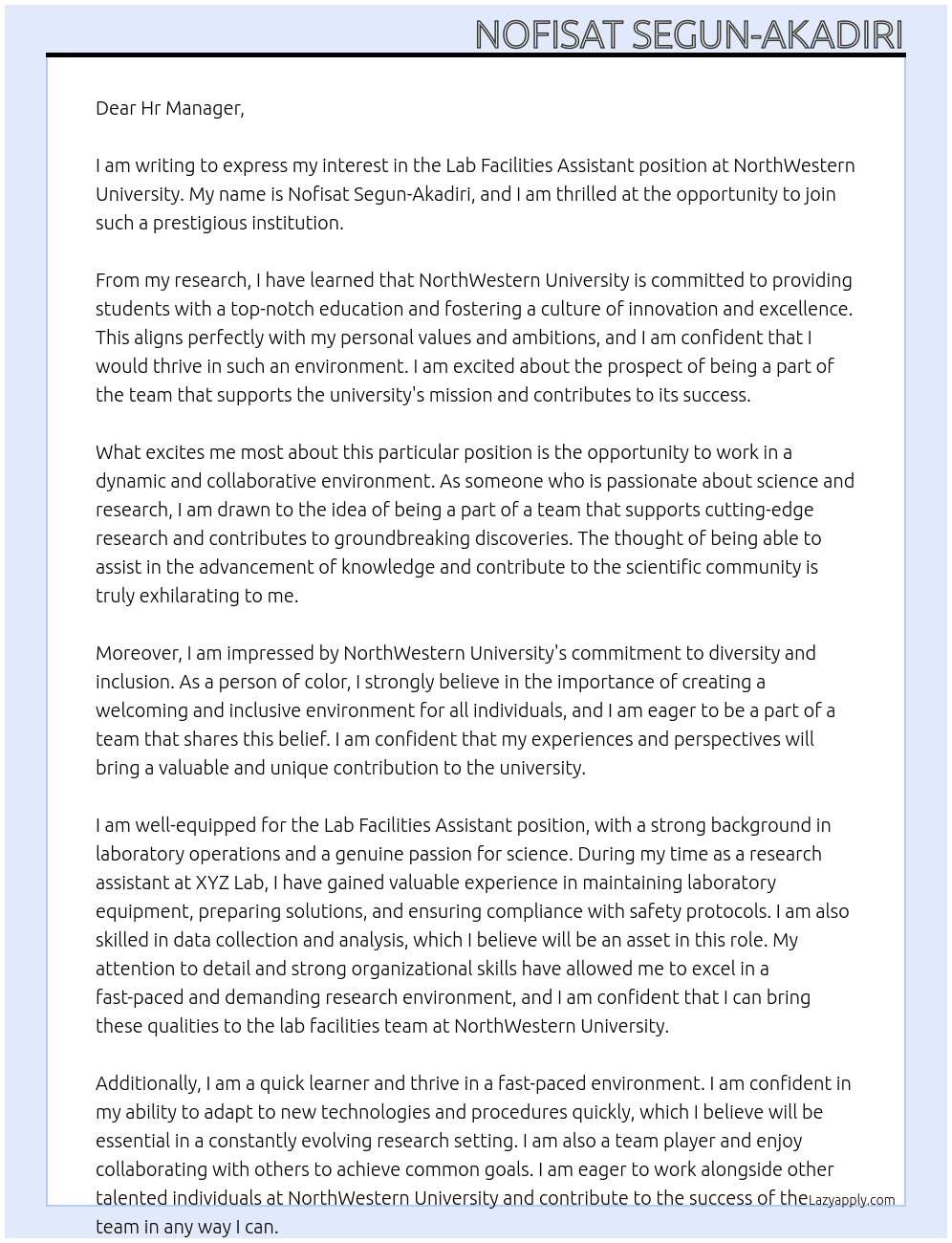 Lab facilities assistant At NorthWestern University Cover Letter