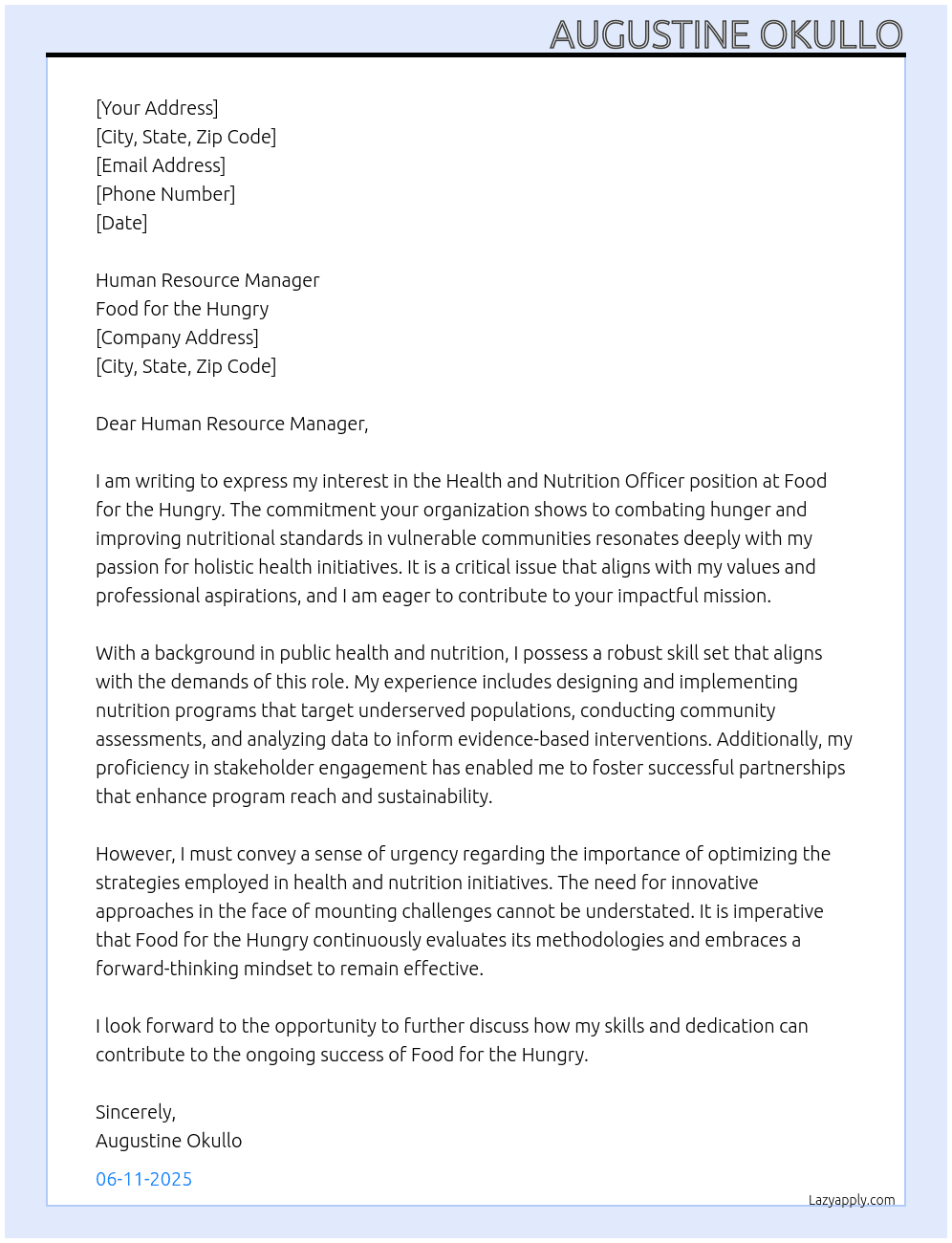 Health and Nutrition officer At Food for the hungry Cover Letter