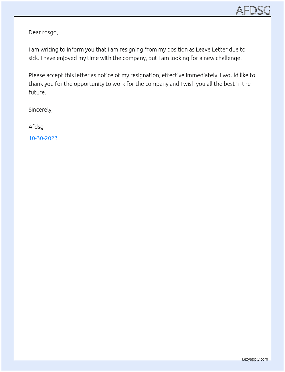 Leave Letter due to sick At fdsgd Cover Letter