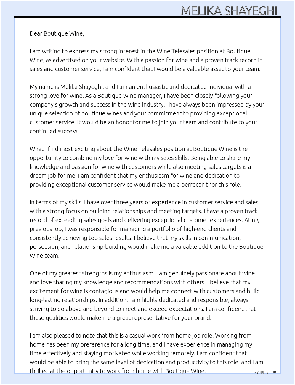 Wine Telesales  At Boutique Wine  Cover Letter