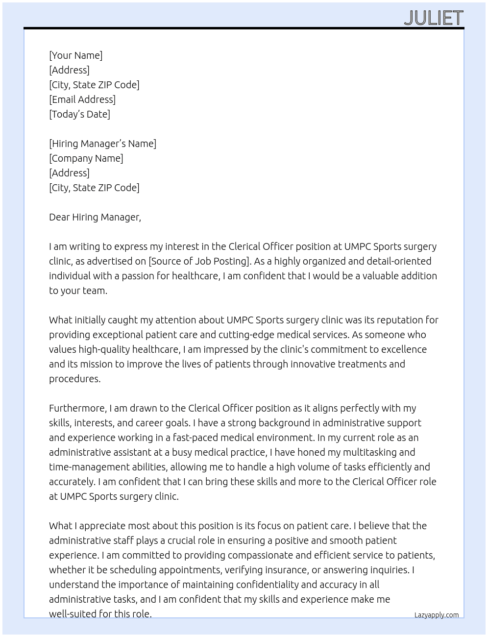 Clerical Officer  At UMPC Sports surgery clinic Cover Letter