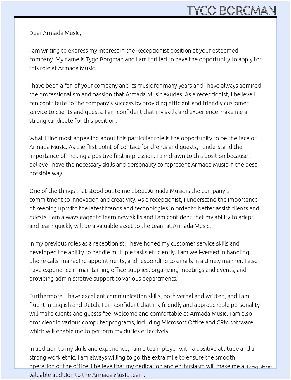 Receptionist At Armada Music Cover Letter