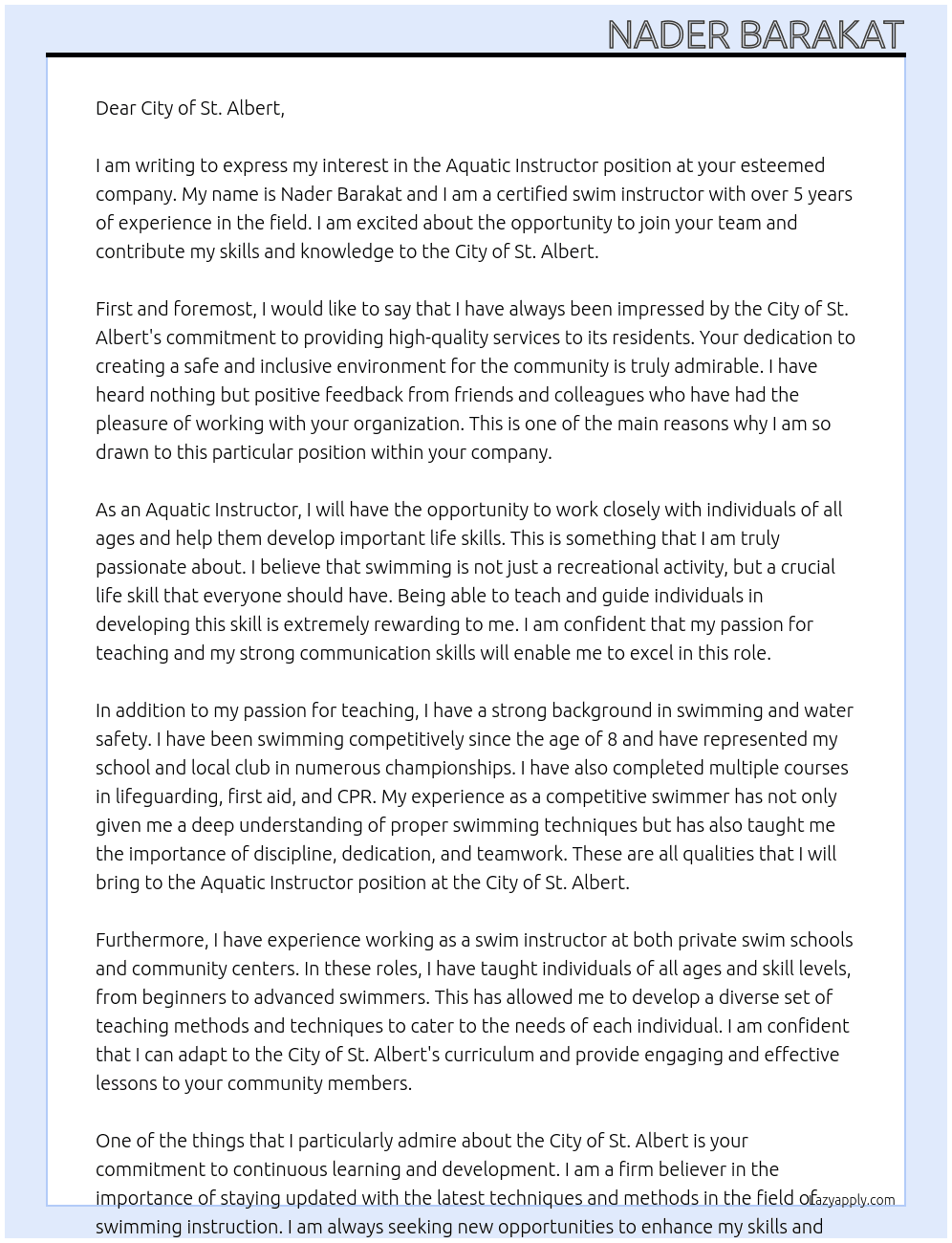 Aquatic Instructor At City of St. Albert  Cover Letter