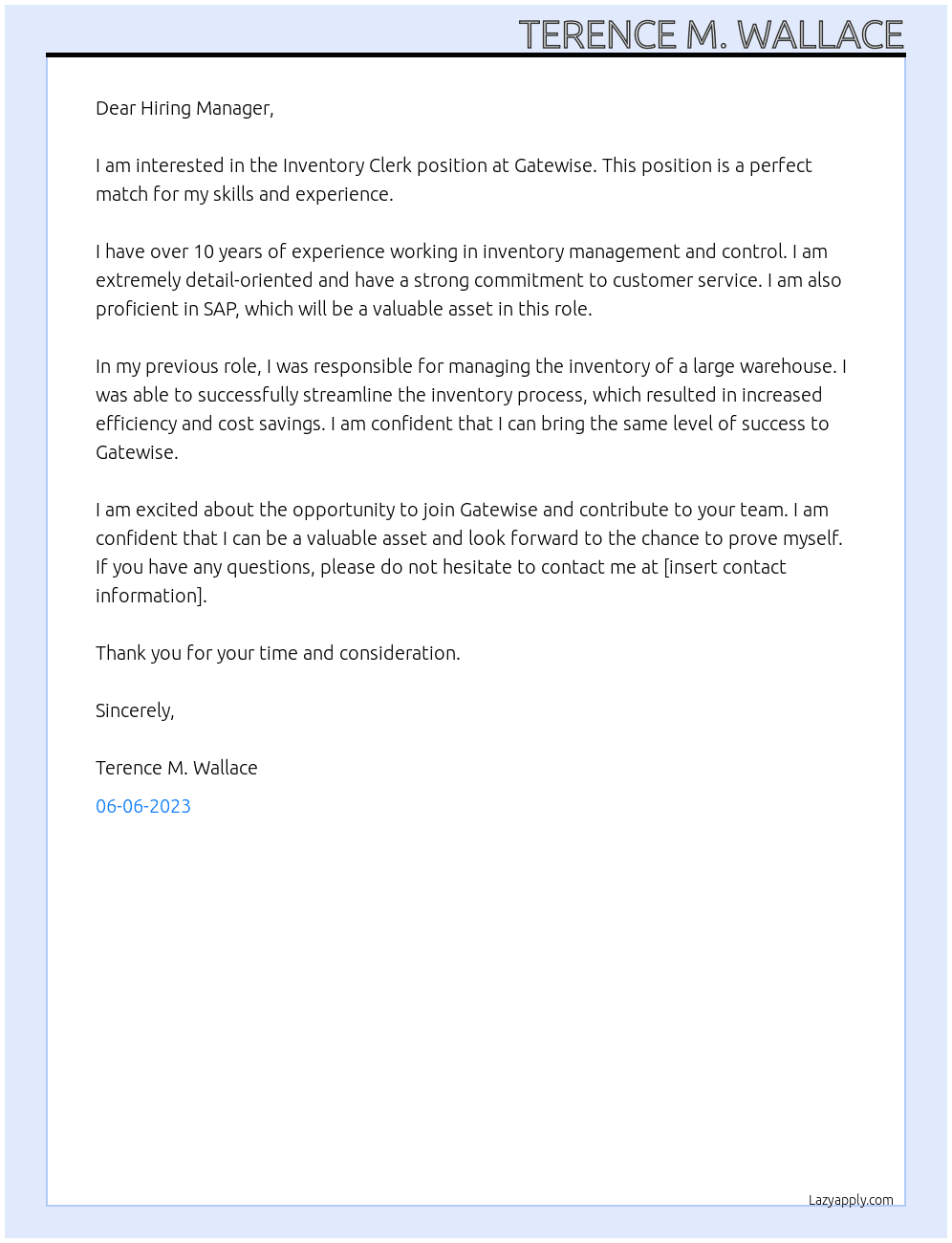 Inventory Clerk At Gatewise Cover Letter