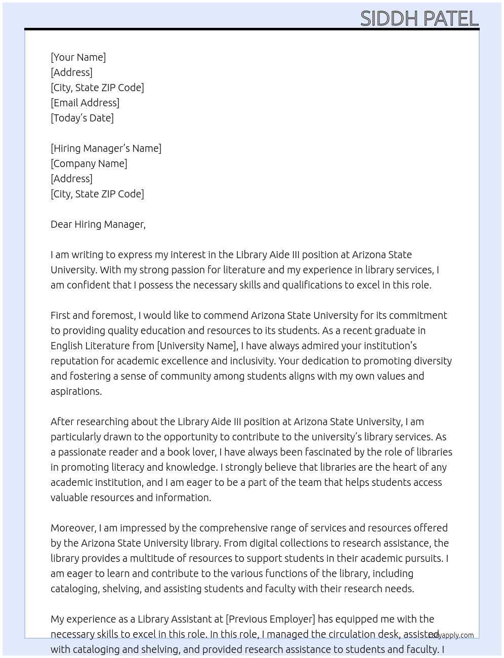 Library Aide III At Arizona State University Cover Letter
