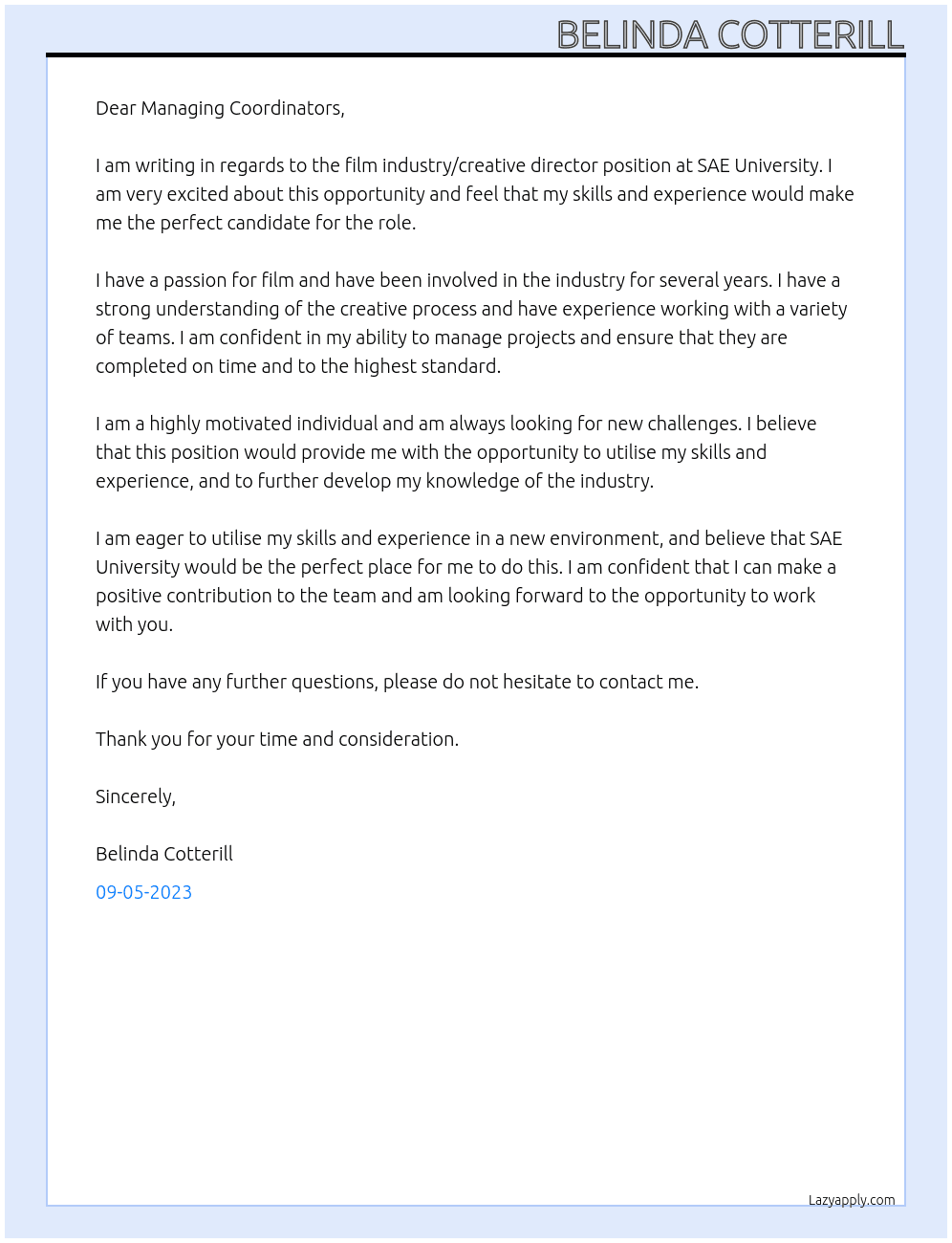 Film industry / Creative director  At SAE University  Cover Letter