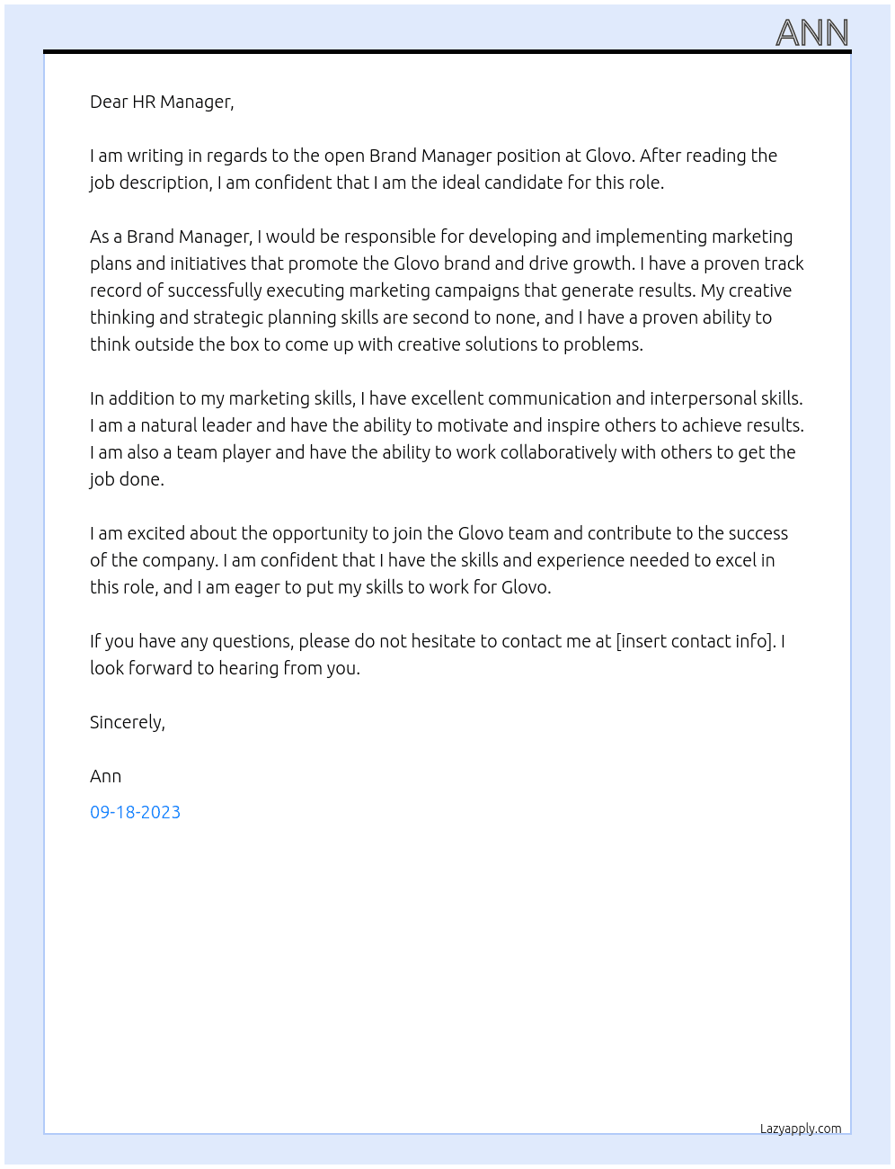 Brand Manager At Glovo Cover Letter