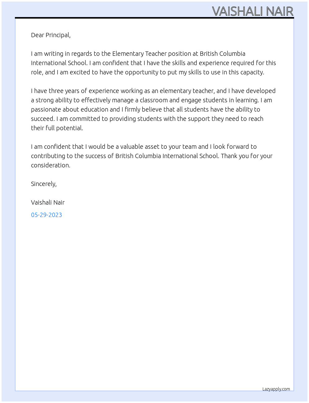 Elementary teacher  At British Columbia international school  Cover Letter