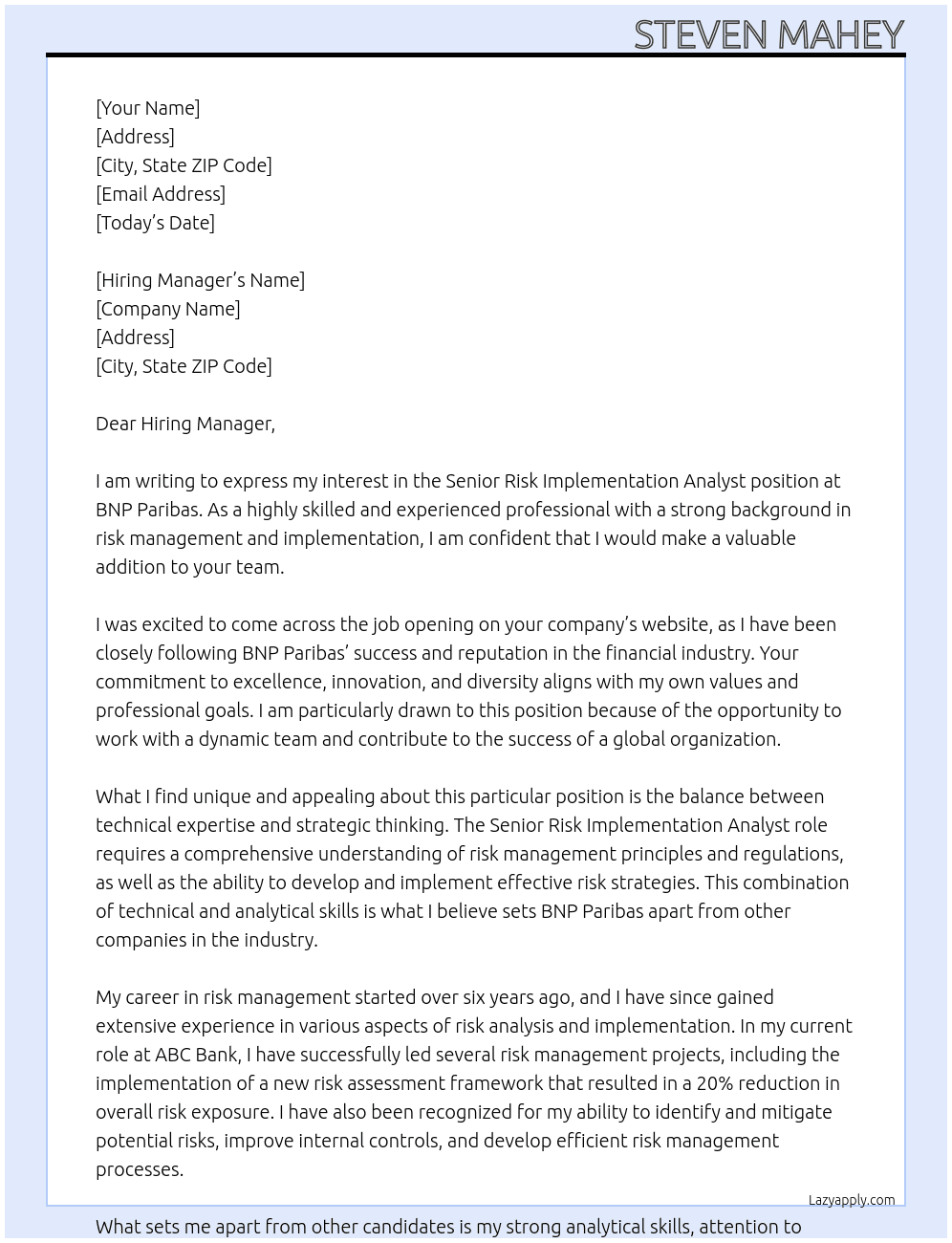 Senior Risk Implementation Analyst At BNP Paribas Cover Letter