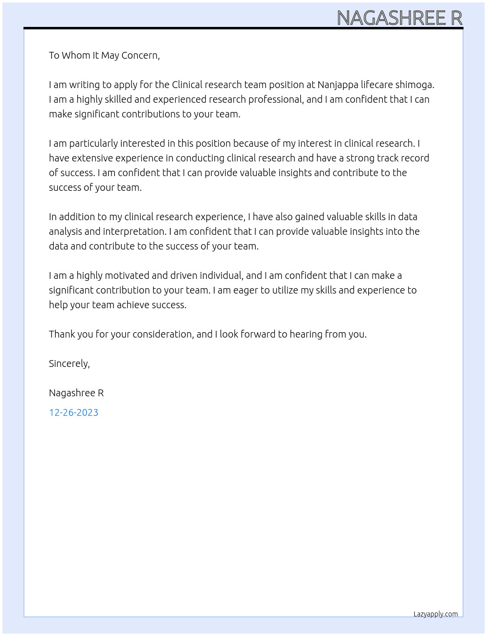 Clinical research team At Nanjappa lifecare shimoga  Cover Letter