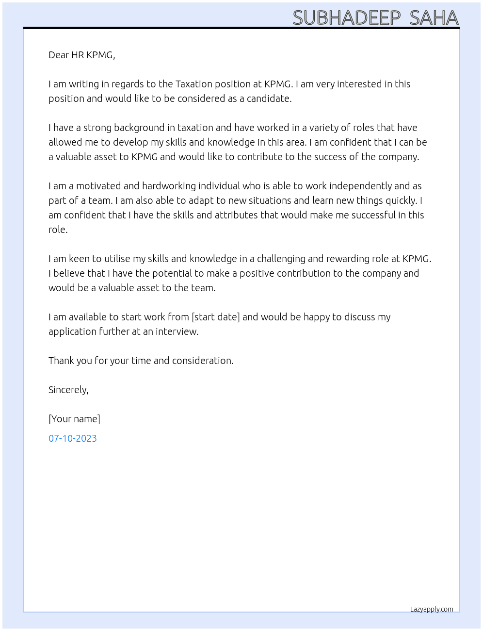 Taxation At KPMG Cover Letter