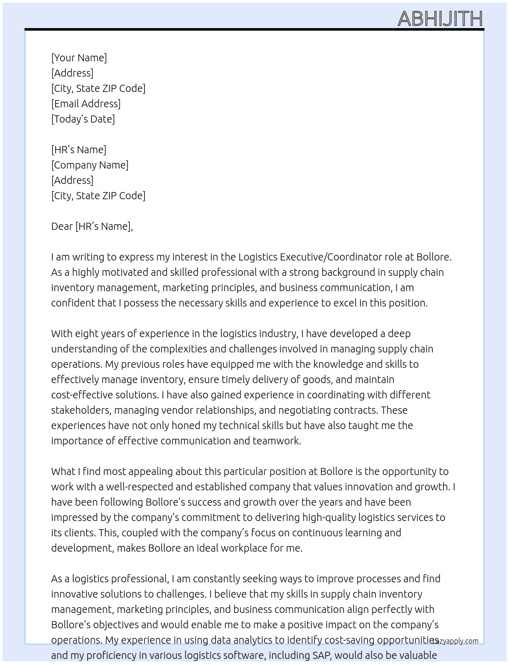 Logistics  At Bollore Cover Letter