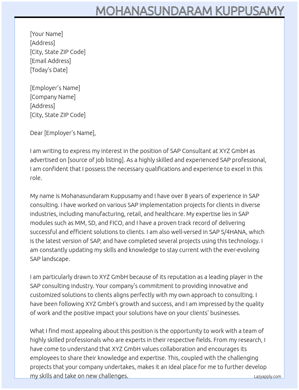 SAP Consultant At xyz gmbh Cover Letter