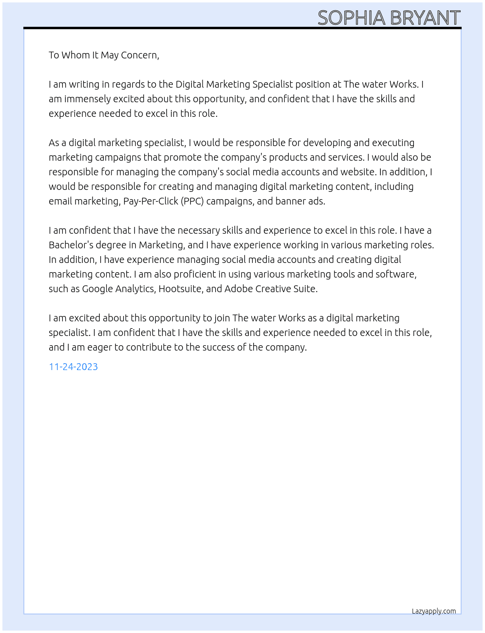 Digital Marketing Specialist At The water Works Cover Letter