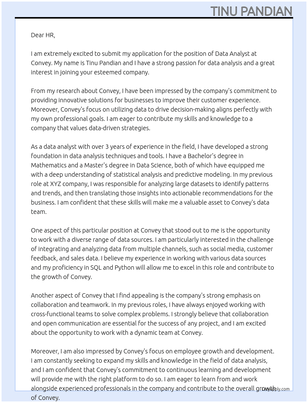 Data Analyst  At Convey Cover Letter