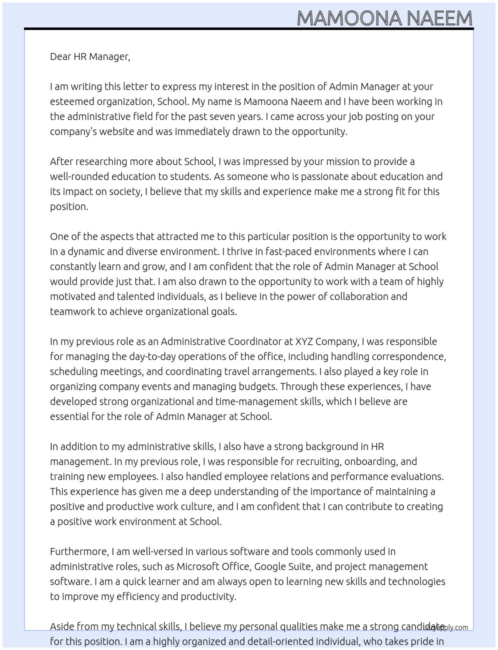 Admin Manager At School Cover Letter